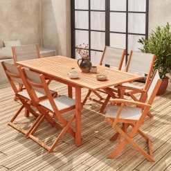 Mesa de jardín de madera extensible, 6 sillas