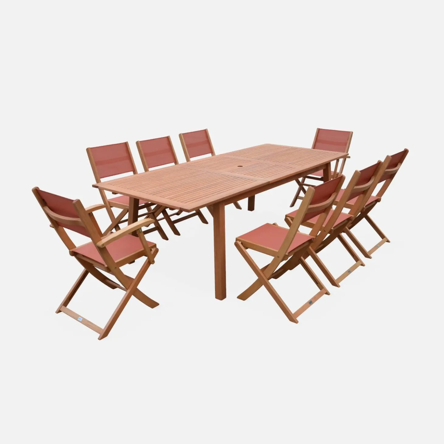 Mesa de jardín de madera extensible, 8 sillas