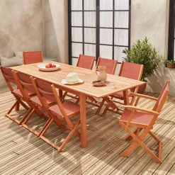Mesa de jardín de madera extensible, 8 sillas