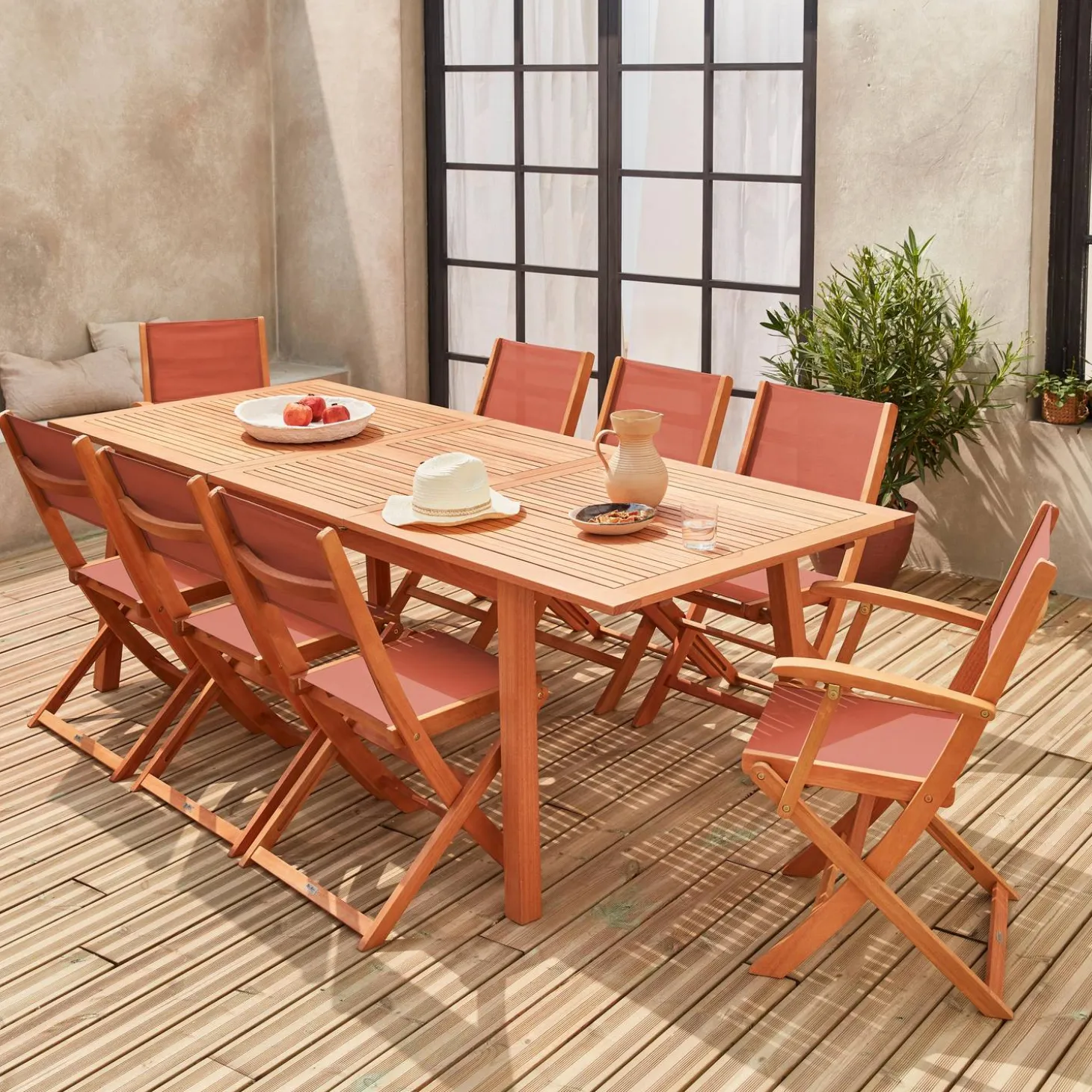 Mesa de jardín de madera extensible, 8 sillas