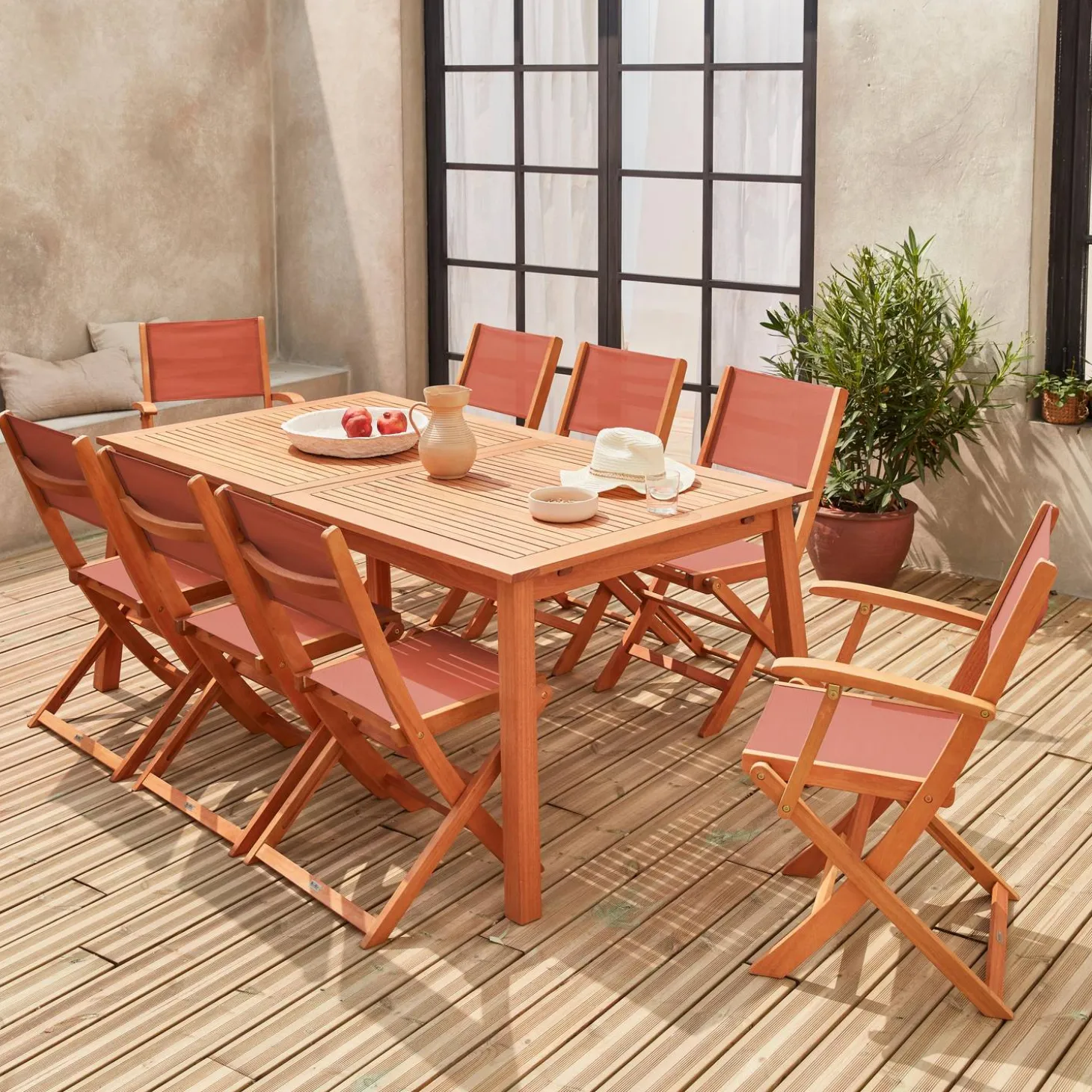 Mesa de jardín de madera extensible, 8 sillas
