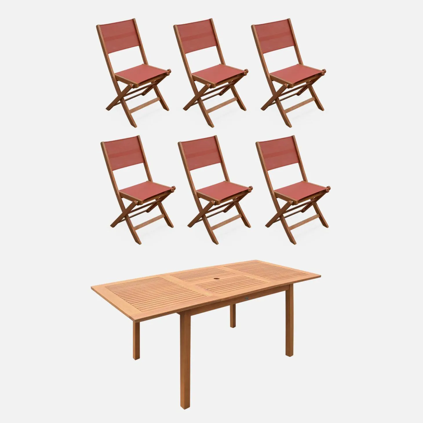Mesa de jardín de madera extensible, 6 sillas