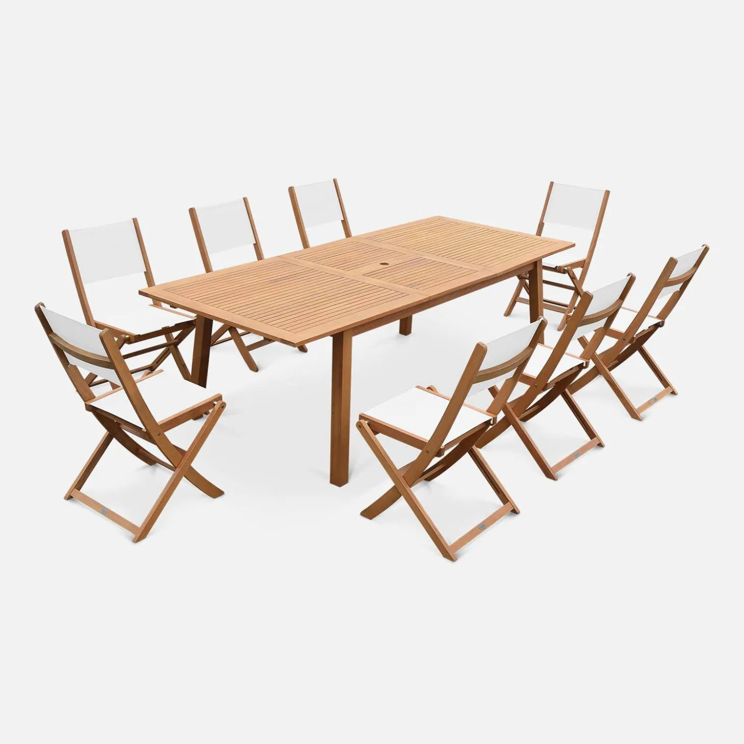 Mesa de jardín de madera extensible, 8 sillas