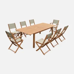 Mesa de jardín de madera extensible, 8 sillas