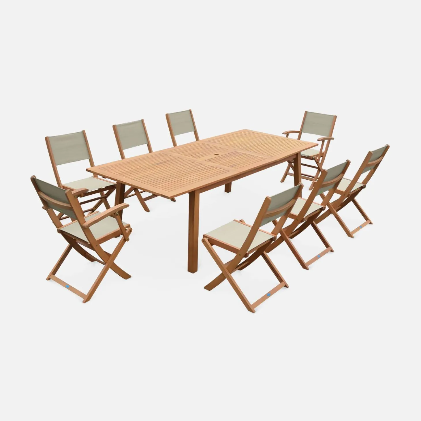 Mesa de jardín de madera extensible, 8 sillas