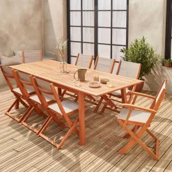 Mesa de jardín de madera extensible, 8 sillas