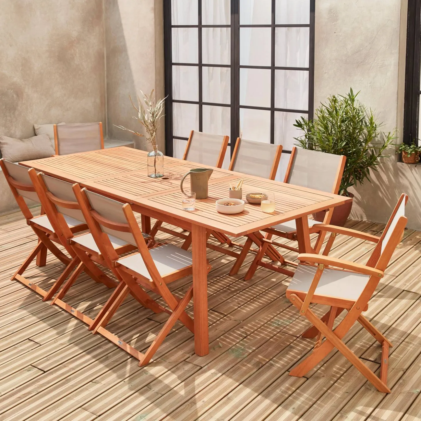 Mesa de jardín de madera extensible, 8 sillas
