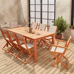 Mesa de jardín de madera extensible, 8 sillas