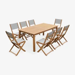 Mesa de jardín de madera extensible, 8 sillas