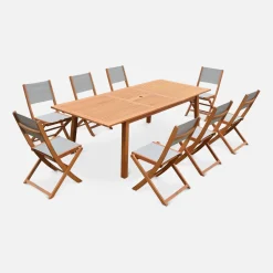 Mesa de jardín de madera extensible, 8 sillas