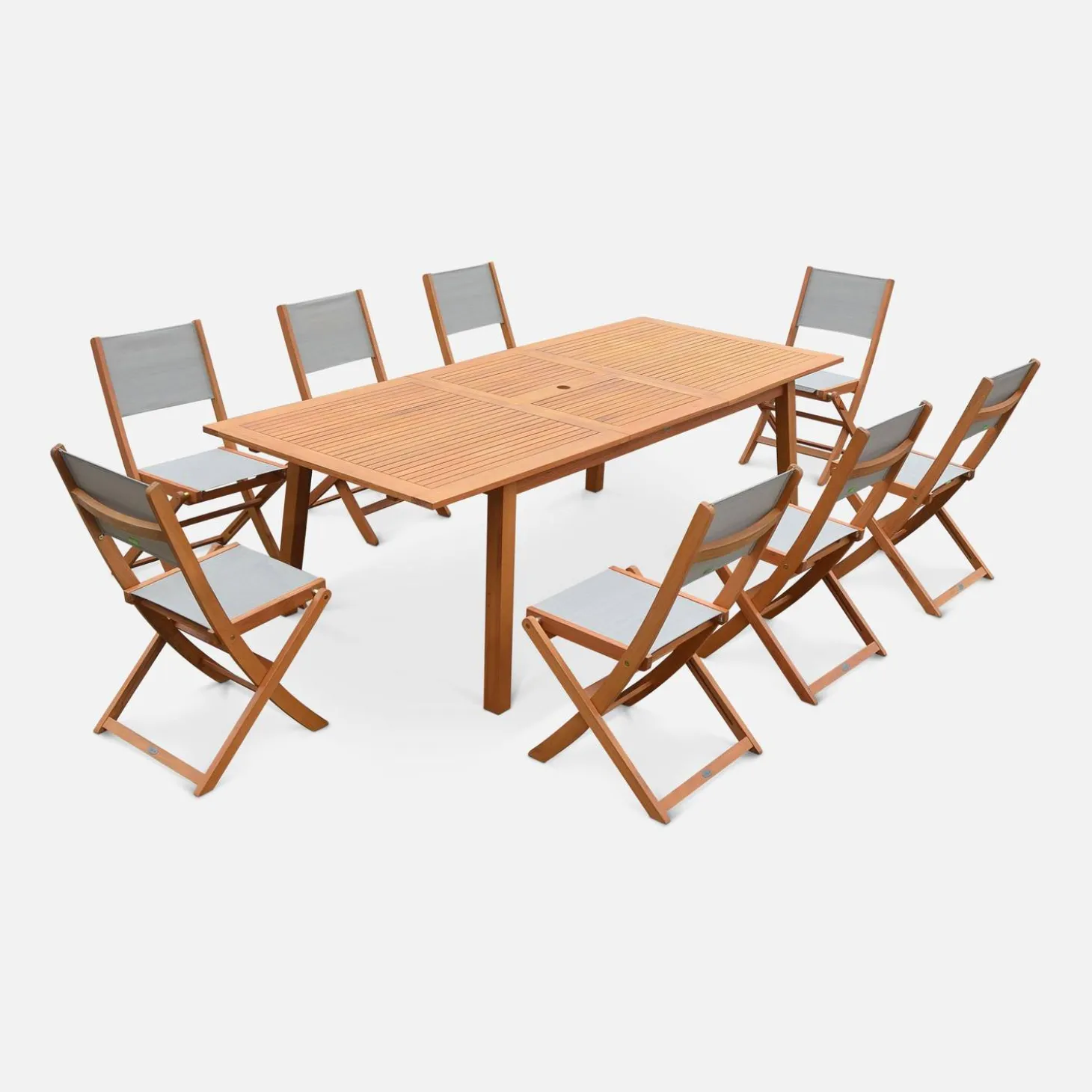 Mesa de jardín de madera extensible, 8 sillas