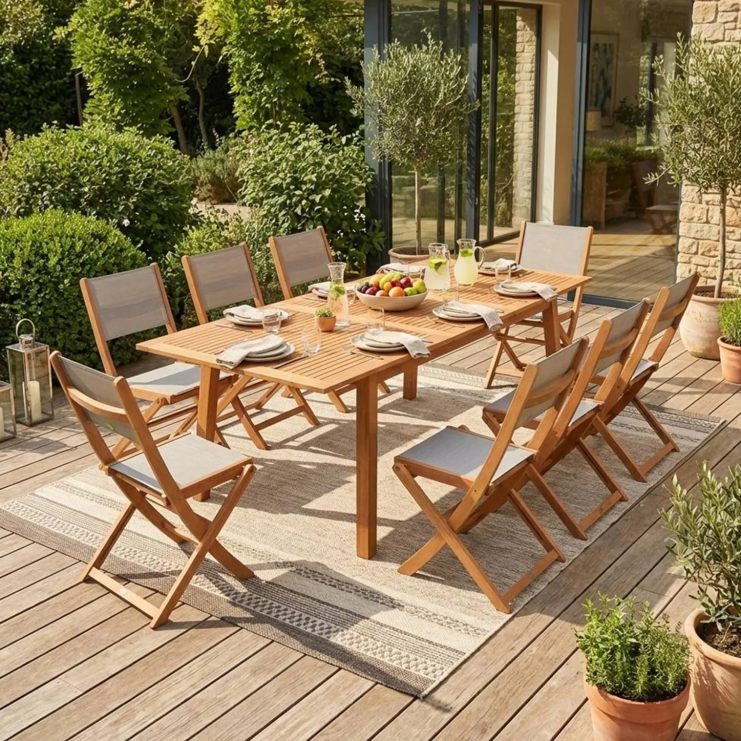 Mesa de jardín de madera extensible, 8 sillas