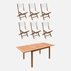 Mesa de jardín de madera extensible, 6 sillas