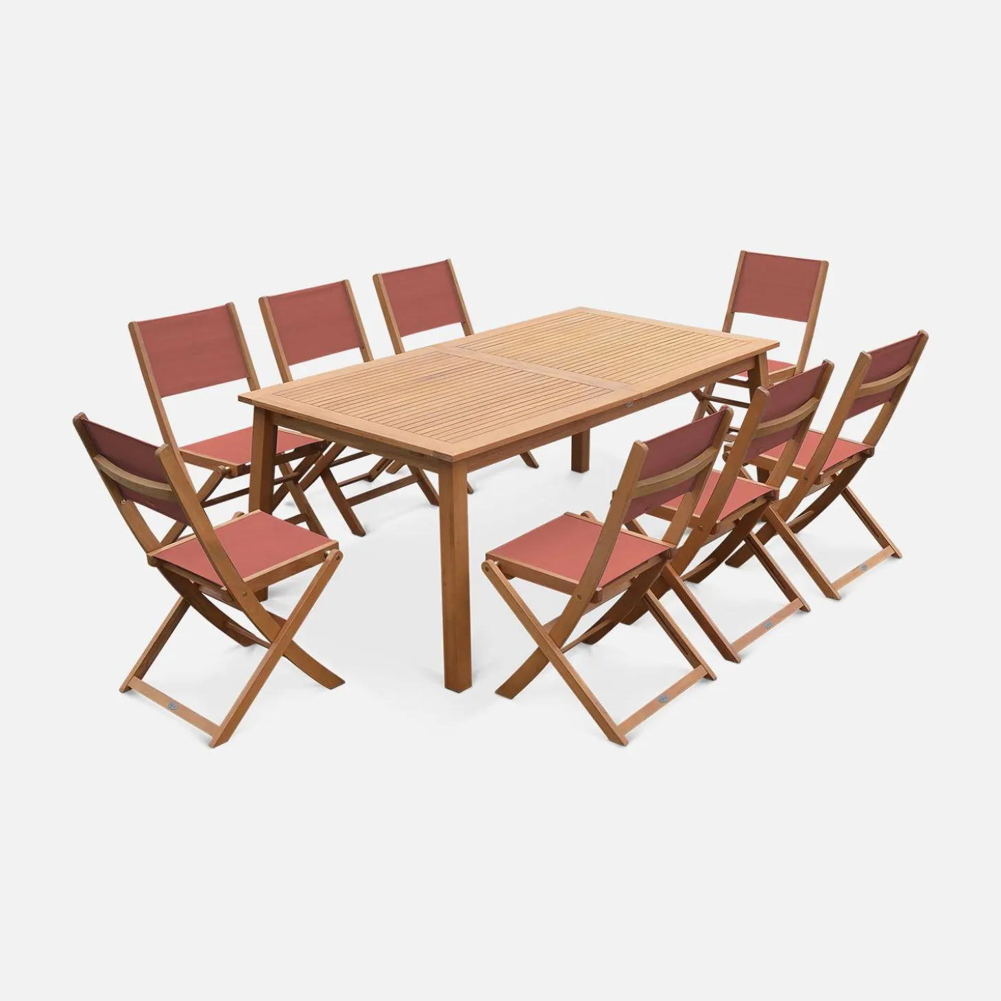 Mesa de jardín de madera extensible, 8 sillas
