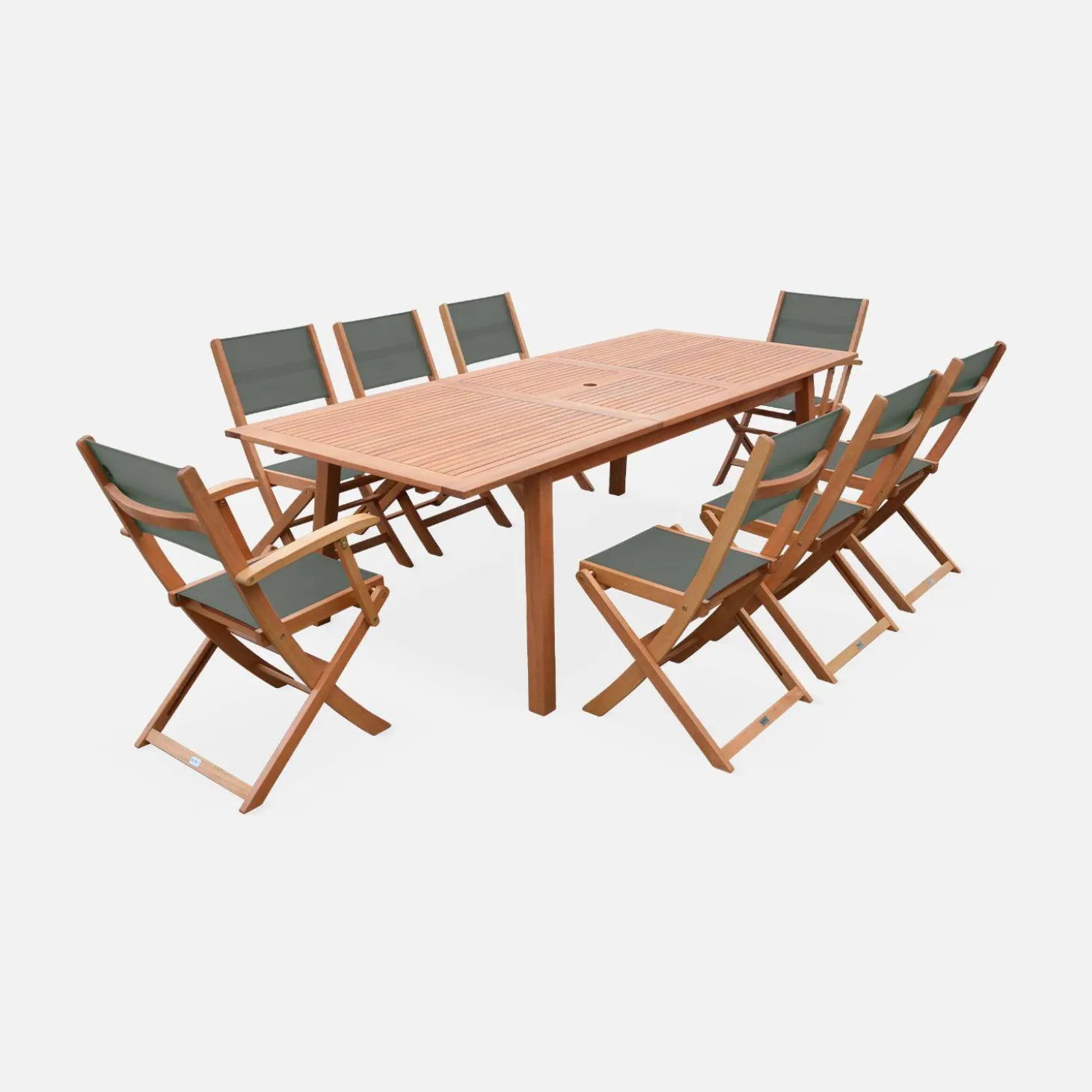 Mesa de jardín de madera extensible, 8 sillas