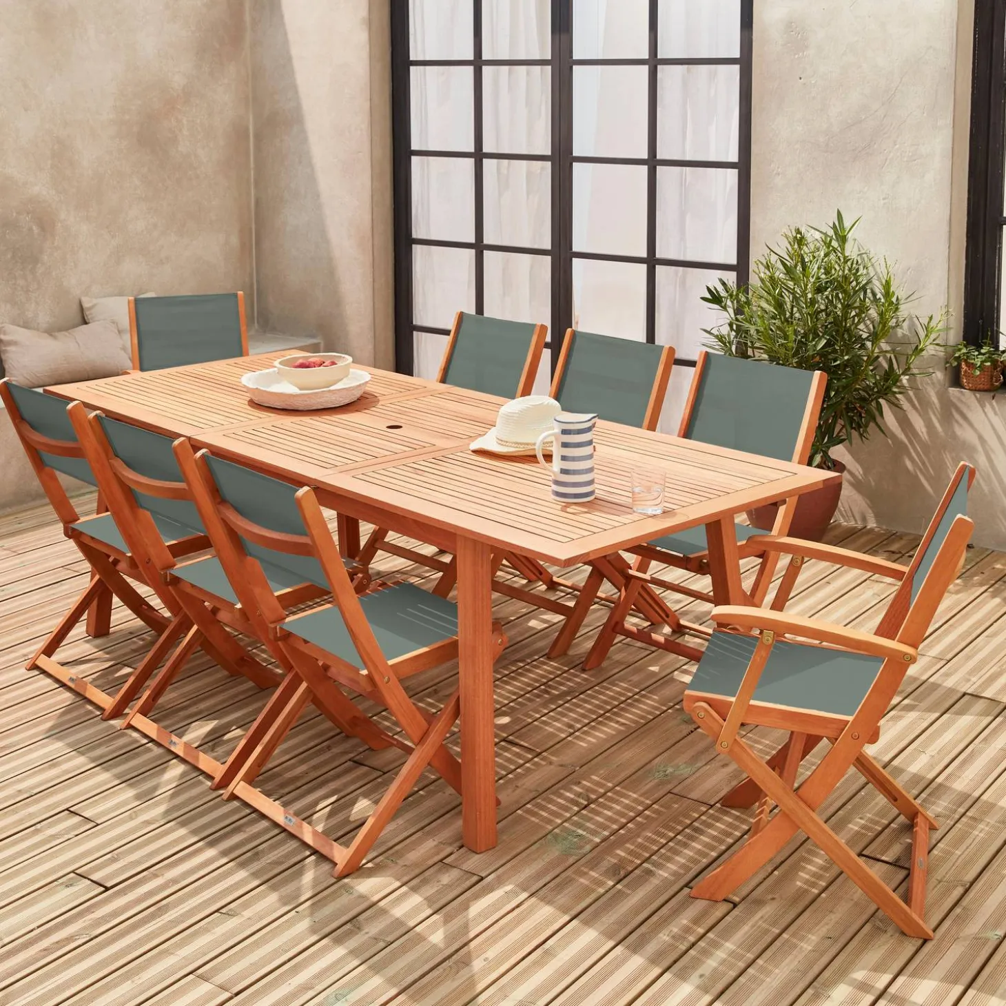 Mesa de jardín de madera extensible, 8 sillas