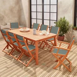 Mesa de jardín de madera extensible, 8 sillas