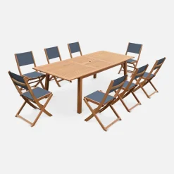 Mesa de jardín de madera extensible, 8 sillas