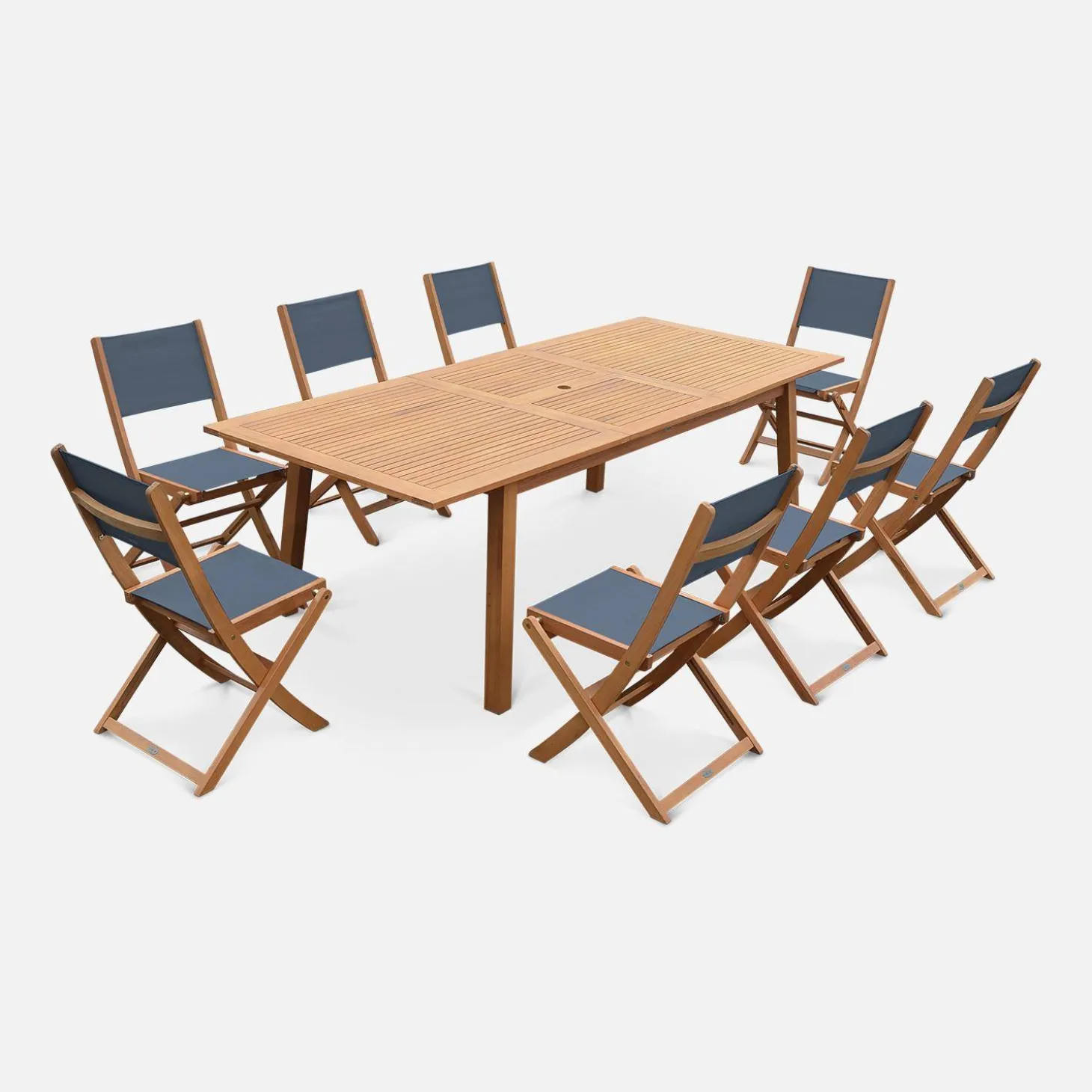 Mesa de jardín de madera extensible, 8 sillas
