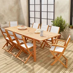 Mesa de jardín de madera extensible, 8 sillas