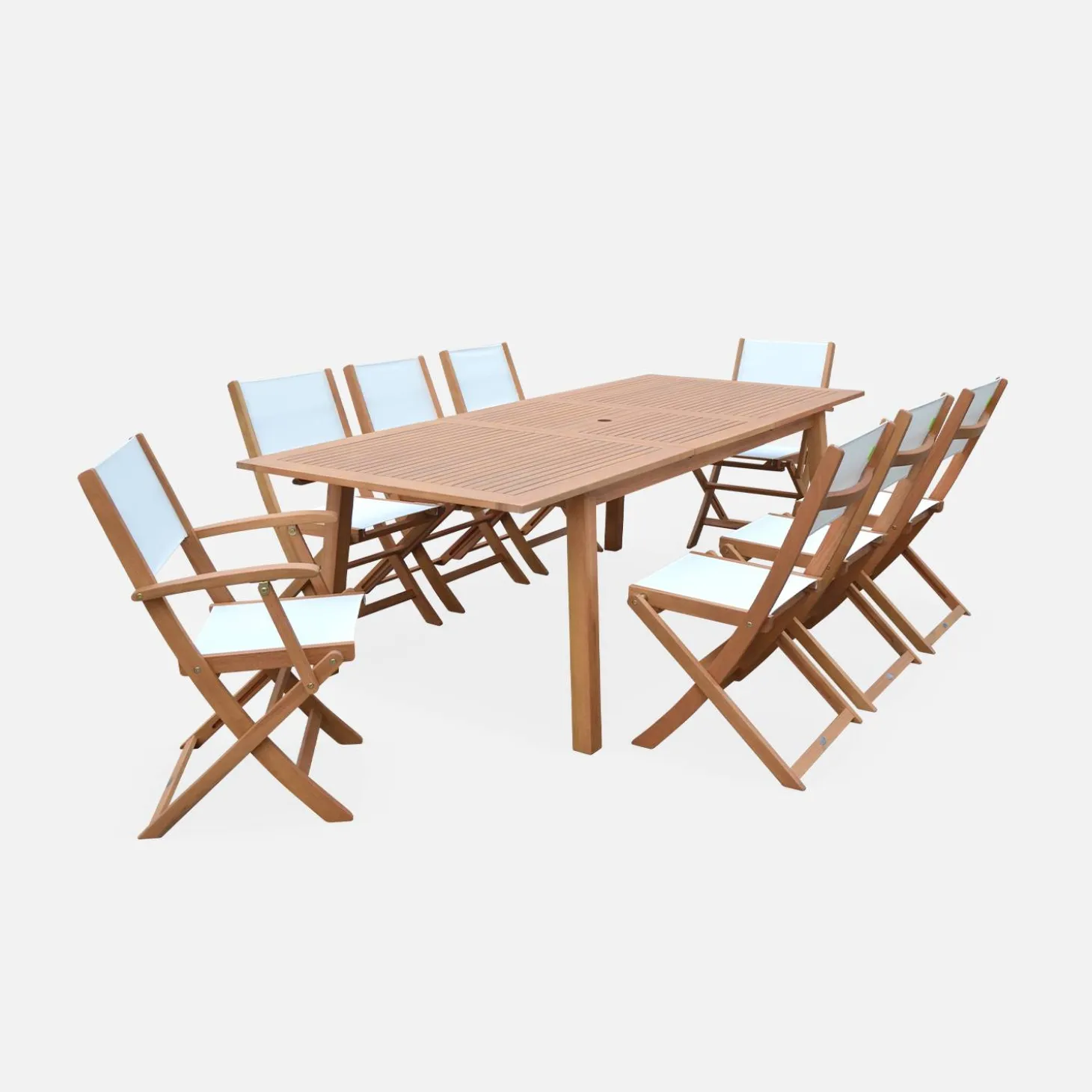 Mesa de jardín de madera extensible, 8 sillas