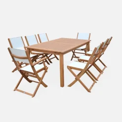 Mesa de jardín de madera extensible, 8 sillas