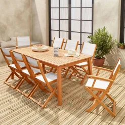 Mesa de jardín de madera extensible, 8 sillas