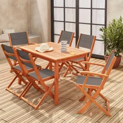 Mesa de jardín de madera extensible, 6 sillas