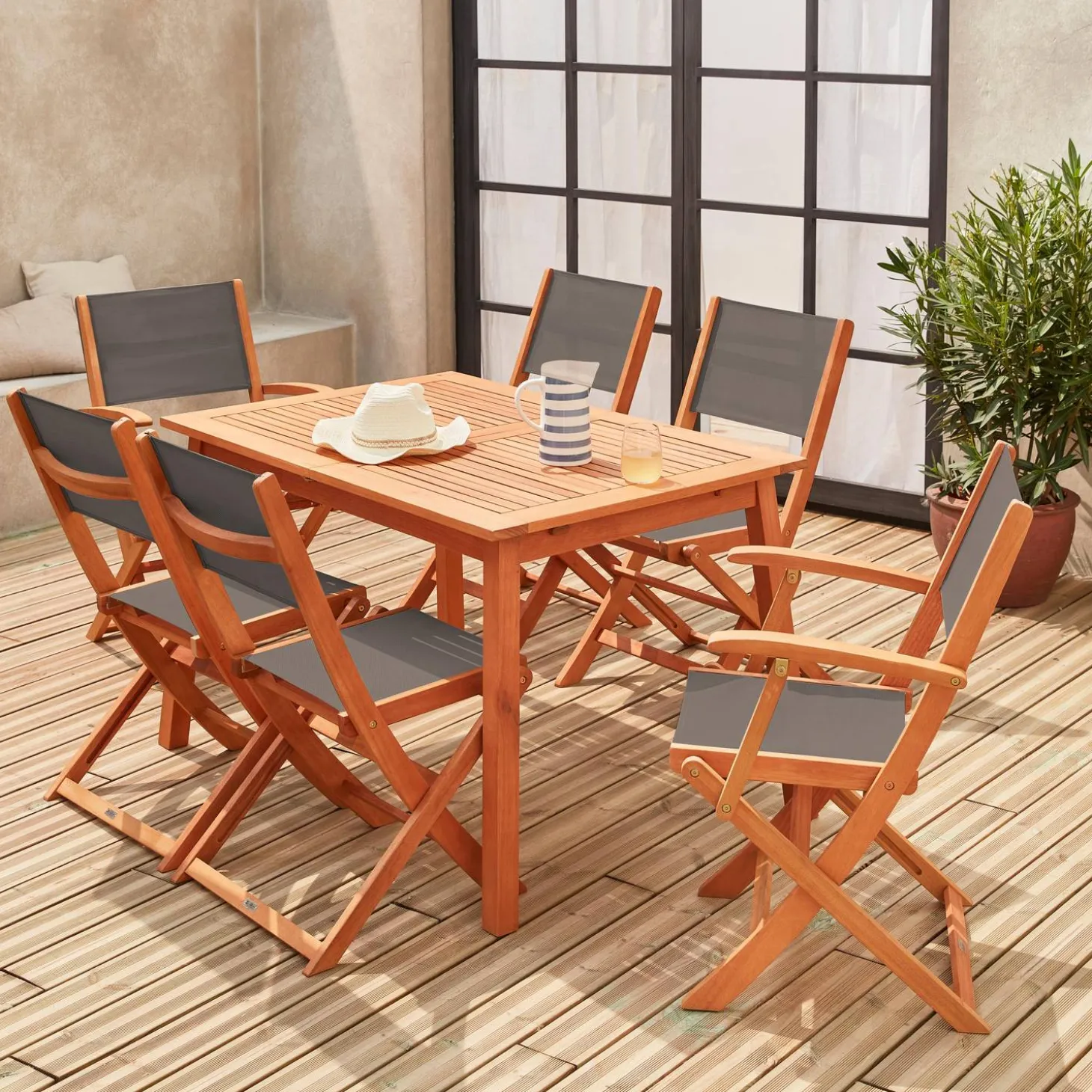 Mesa de jardín de madera extensible, 6 sillas