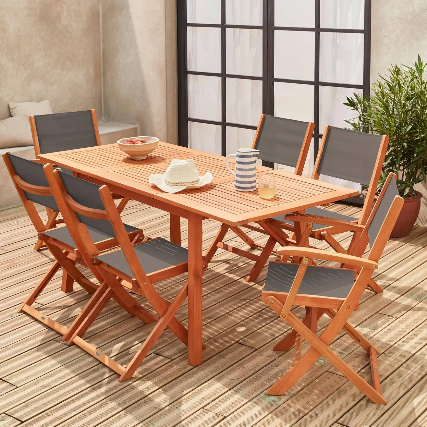 Mesa de jardín de madera extensible, 6 sillas