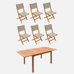 Mesa de jardín de madera extensible, 6 sillas