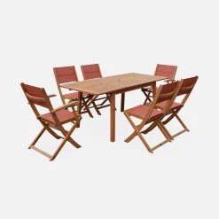 Mesa de jardín de madera extensible, 6 sillas