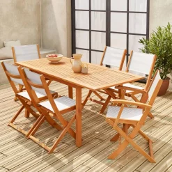 Mesa de jardín de madera extensible, 6 sillas