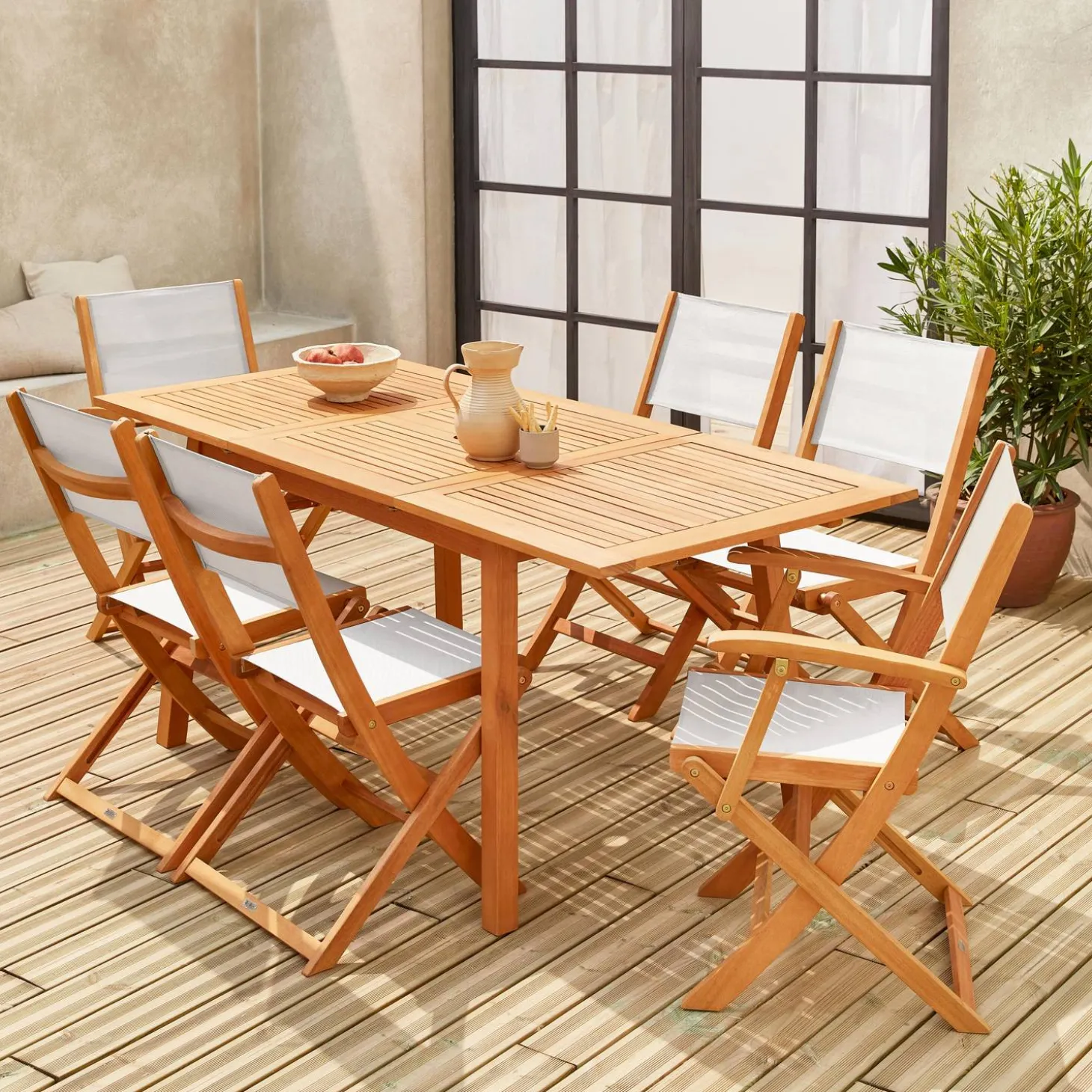 Mesa de jardín de madera extensible, 6 sillas