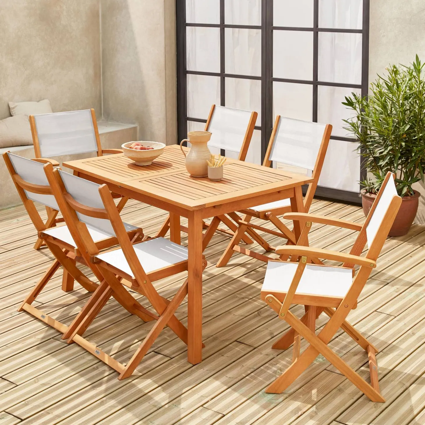 Mesa de jardín de madera extensible, 6 sillas
