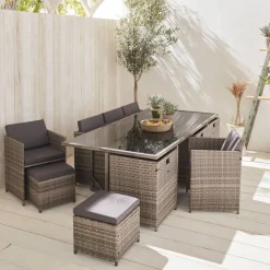 Mesa de jardín encastrable de resina trenzada 12 sillones + funda