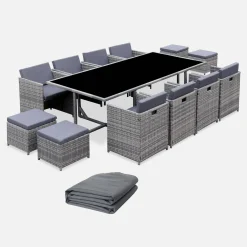 Mesa de jardín encastrable de resina trenzada 12 sillones + funda