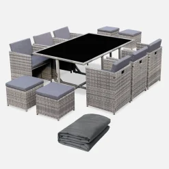 Mesa de jardín encastrable resina con 10 sillones + cobertor