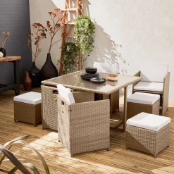 Mesa de jardín encastrable resina con 8 sillones + cobertor