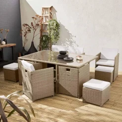 Mesa de jardín encastrable resina con 10 sillones + cobertor