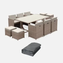 Mesa de jardín encastrable resina con 10 sillones + cobertor