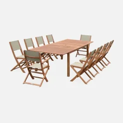 Mesa de jardín extensible de madera + 10 sillas