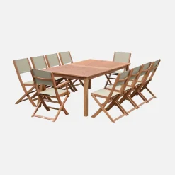Mesa de jardín extensible de madera + 10 sillas