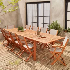 Mesa de jardín extensible de madera + 10 sillas