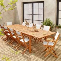 Mesa de jardín extensible de madera + 10 sillas