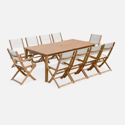Mesa de jardín extensible de madera + 10 sillas