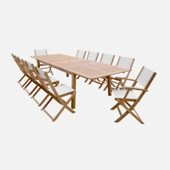 Mesa de jardín extensible de madera + 10 sillas