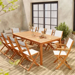 Mesa de jardín extensible de madera + 10 sillas