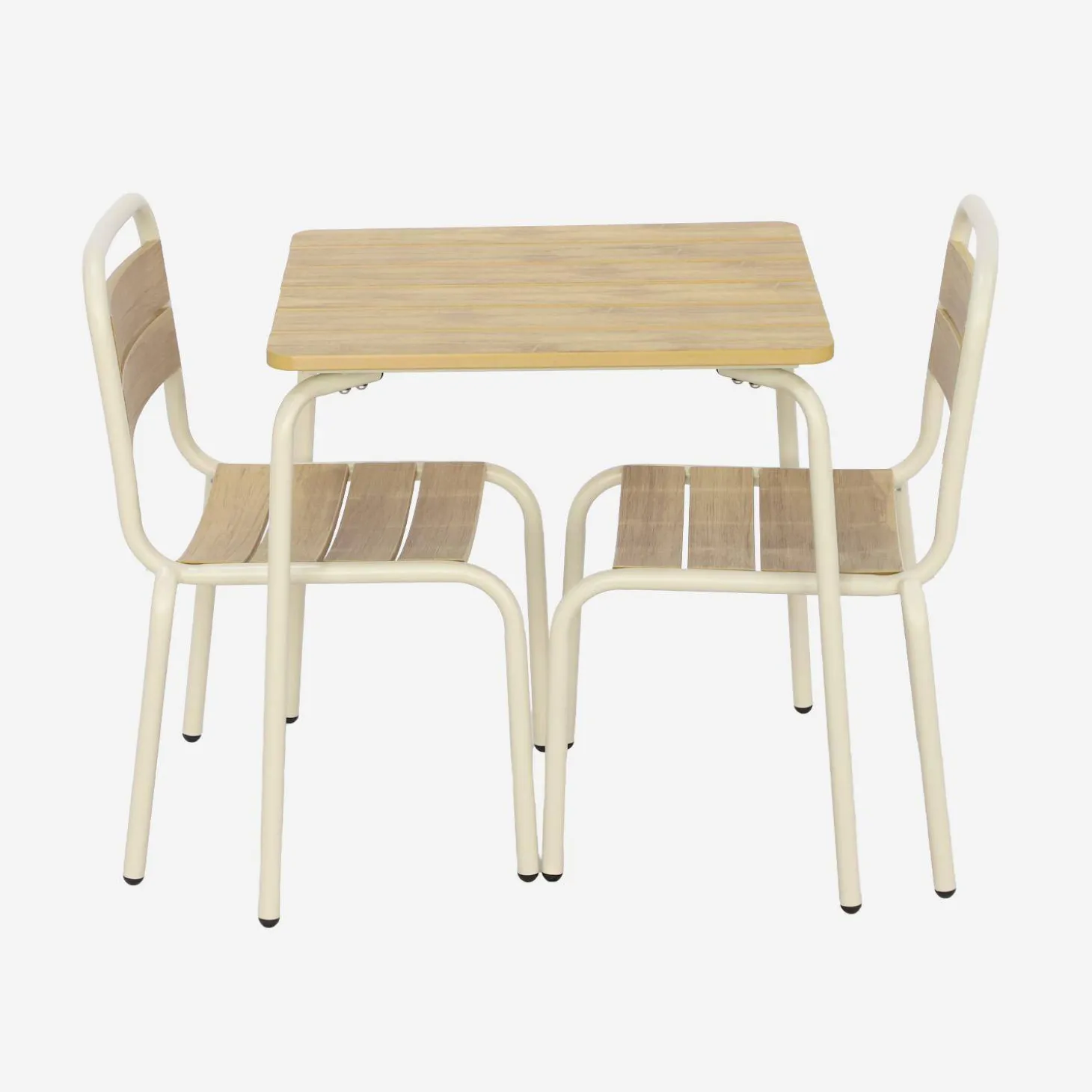 Mesa de jardín infantil de acero y decoración de madera con 2 asientos