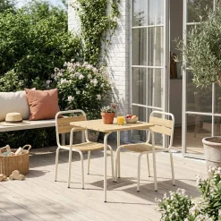 Mesa de jardín infantil de acero y decoración de madera con 2 asientos